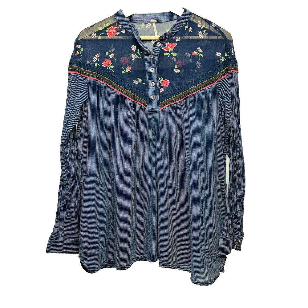 Free People Hearts And Colors Tunic Top SMALL Navy Blue Pin Stripe Sheer Floral